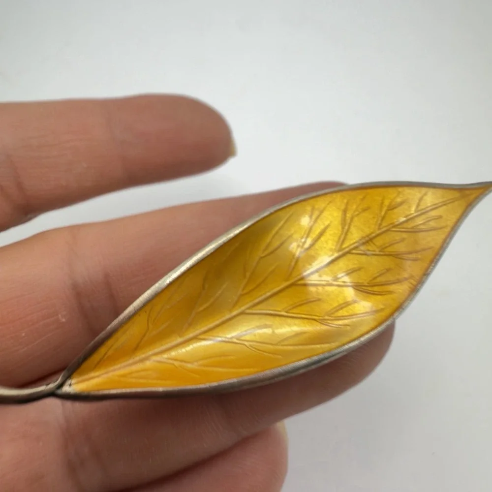 DAVID ANDERSON Sterling Silver Norwegian Enamel Leaf Brooch Yellow
